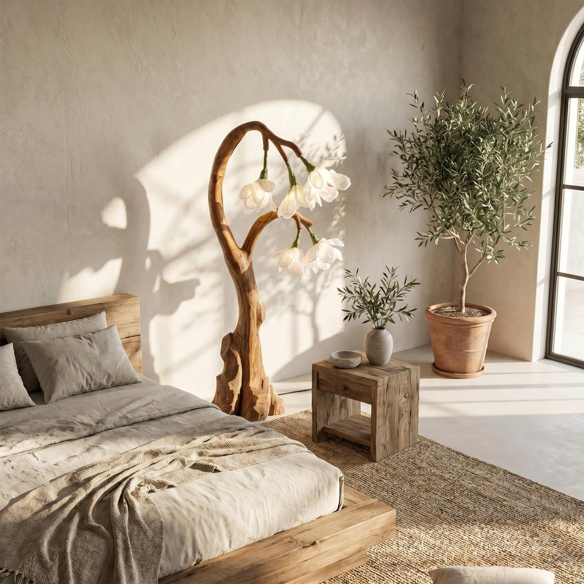 Artistic Floral Floor Lamp with Natural Wood Base, Aesthetic Standing Flower Light for Living Room, Model