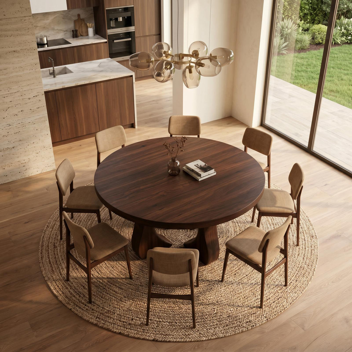 Modern Organic Round Dining Table, Handcrafted Solid Wood Pedestal Kitchen Table for Dining Room