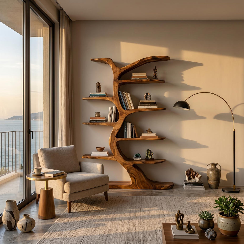 Modern Tree-Inspired Bookshelf, Handcrafted Wood Bookcase with Curved Branches for Living Room & Nursery Decor
