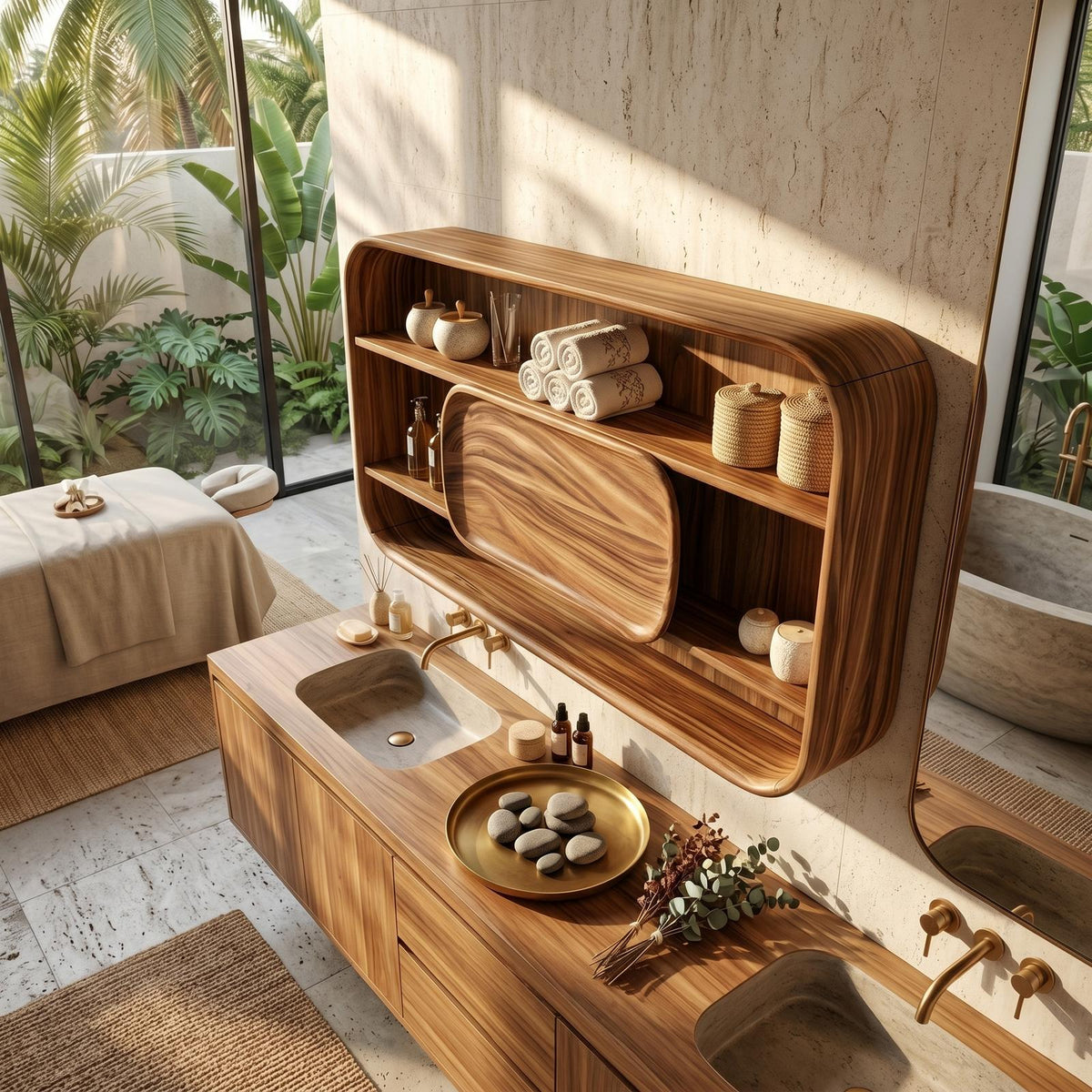 Spry Interior Contemporary Rounded Bathroom Cabinet, Solid Wood Luxury Suite Vanity Organiser Credenza, SILDTTRBRC011