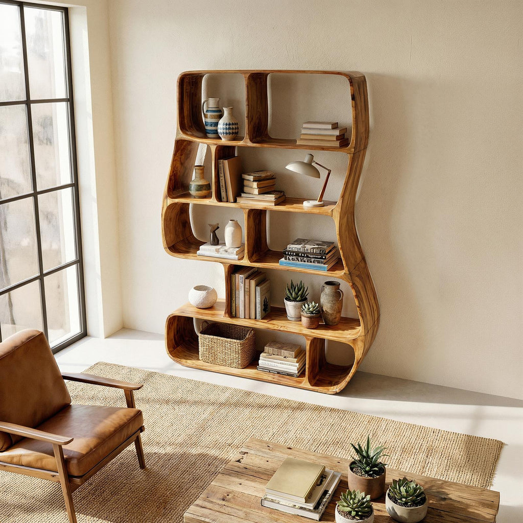 Contemporary Artistic Bookshelf, Unique Wooden Decorative Bookcase for Bedroom & Office Corner