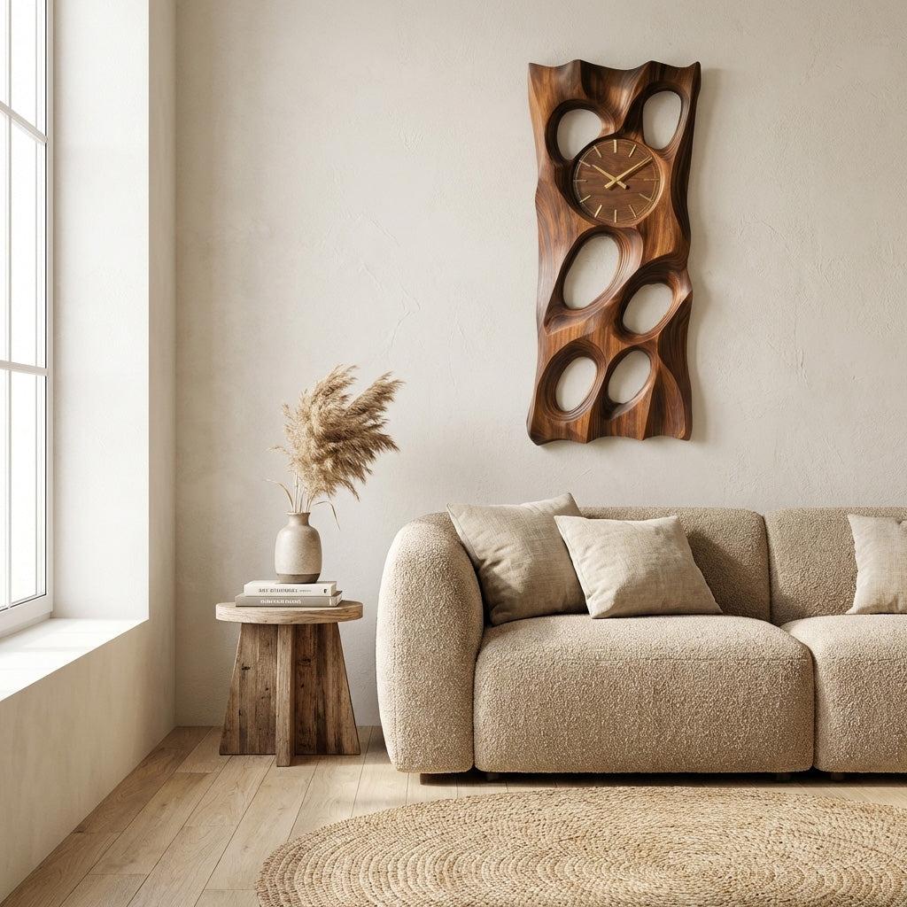 Wooden Wall Clock with Openwork Geometric Design, Modern 3D Carved Wood Hanging Clock for Living Room Wall Decor