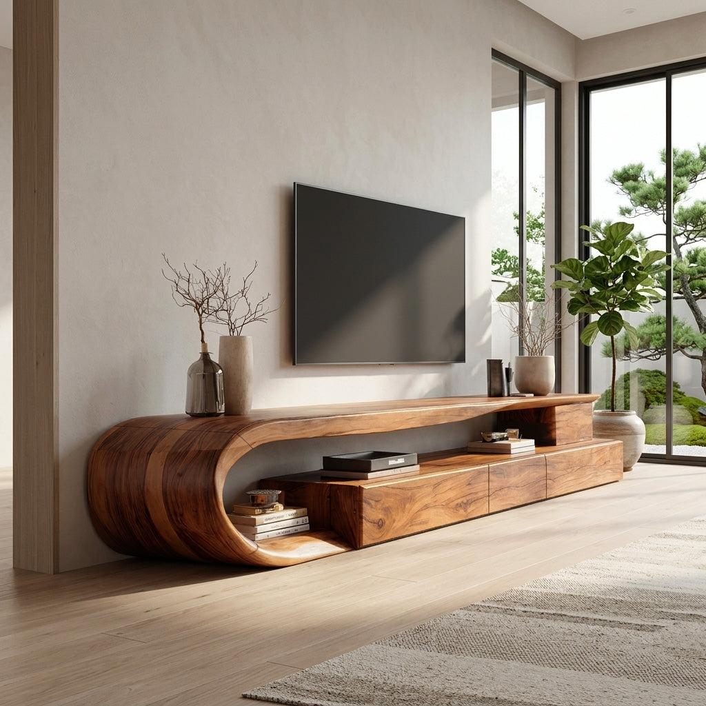Modern Curved Wooden TV Console Cabinet, Handcrafted Solid Wood Media Storage Credenza with Drawer for Living Room