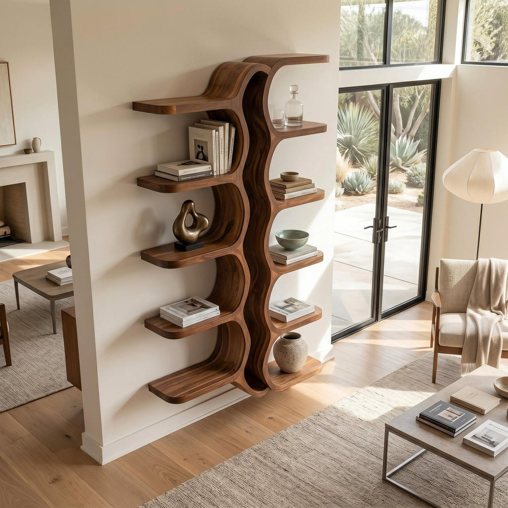 Organic Sculptural Wooden Wall Mounted Floating Shelf, Handcrafted Solid Wood Display for Living Room