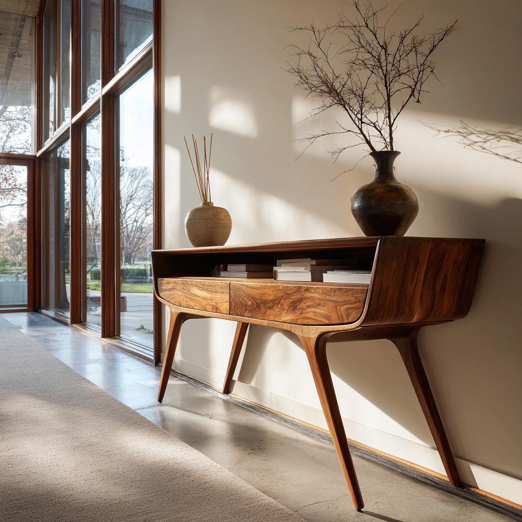 Mid Century Curved Console Table With Drawers For Entryway