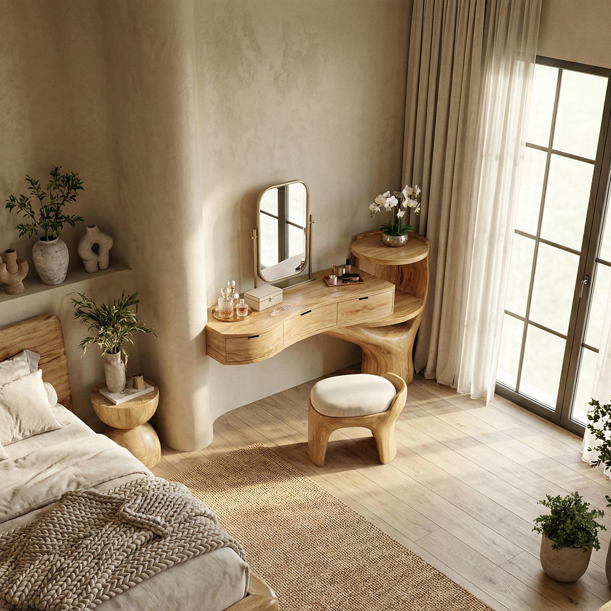 Spry Interior Organic Floating Dressing Table with Drawers, Solid Wood Tree Base Makeup Vanity Desk for Bedroom Decor, SINLSABDT069