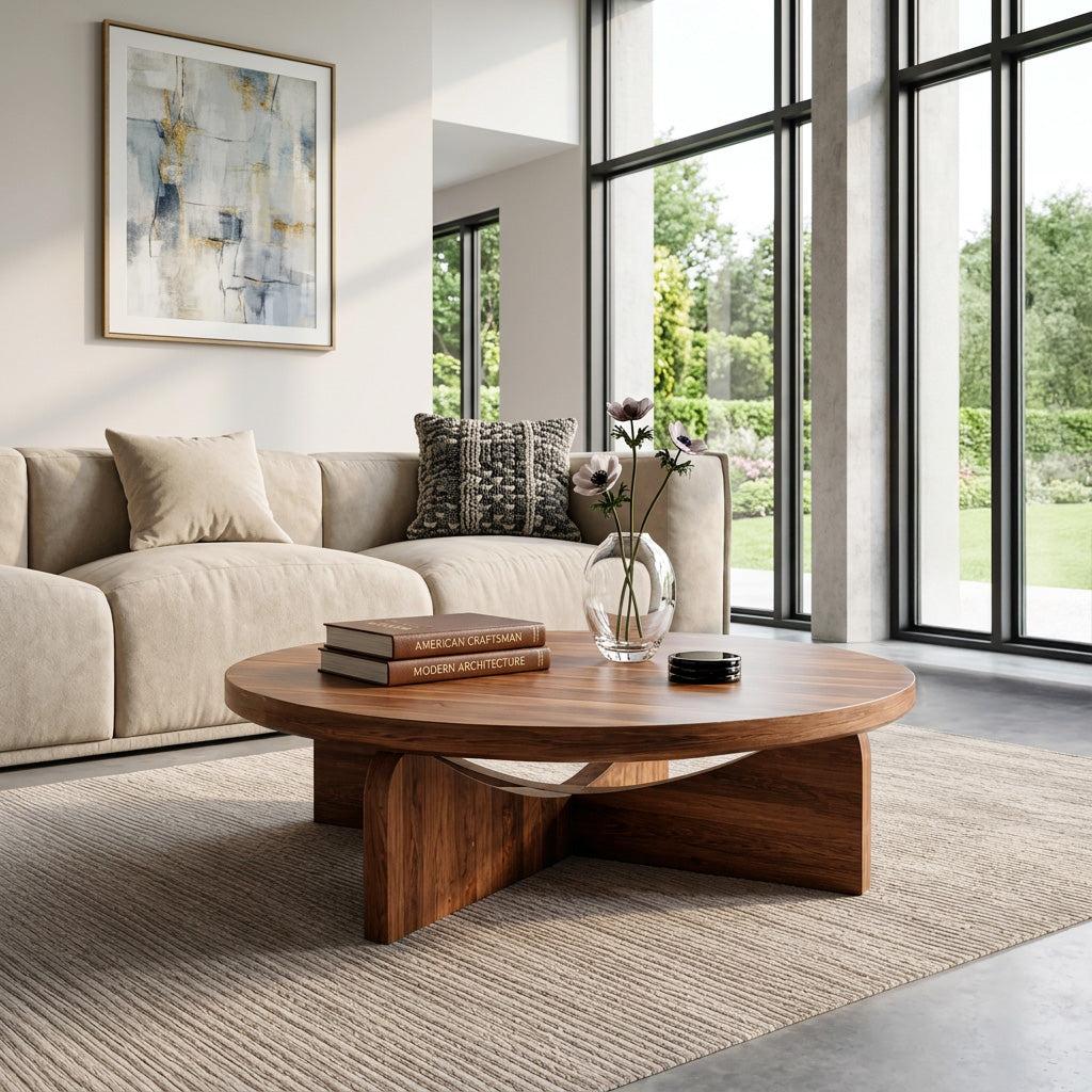 Modern Round Wood Coffee Table with Unique Geometric Base, Contemporary Solid Wood Center Table, Model