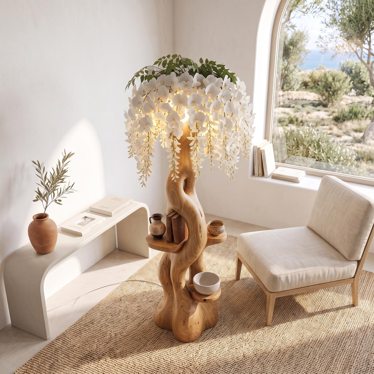 Rustic Wooden Floor Lamp With Sculptural Floral Canopy For Living Room SINLSAFLP145