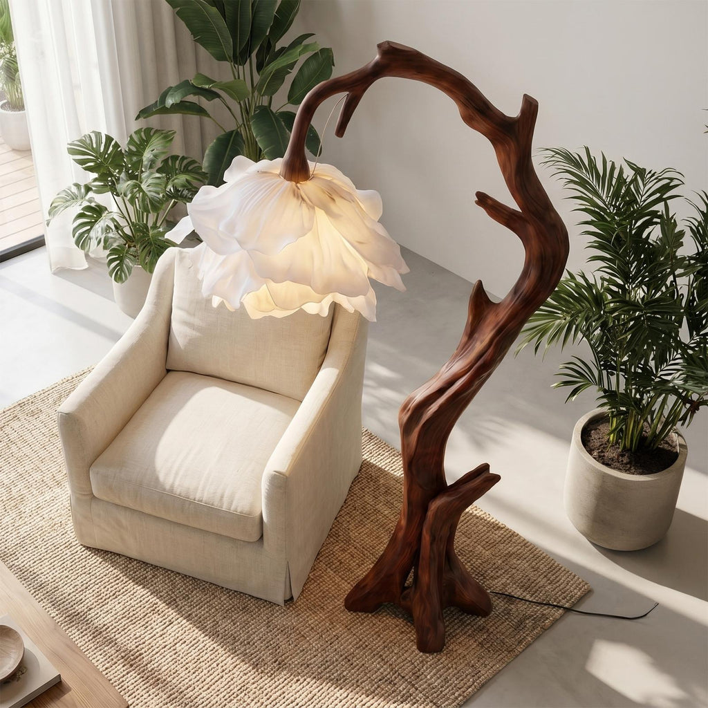 Nature Inspired Flower Floor Lamp with Solid Wood Base, Floral Shade Standing Light for Living Room, Model