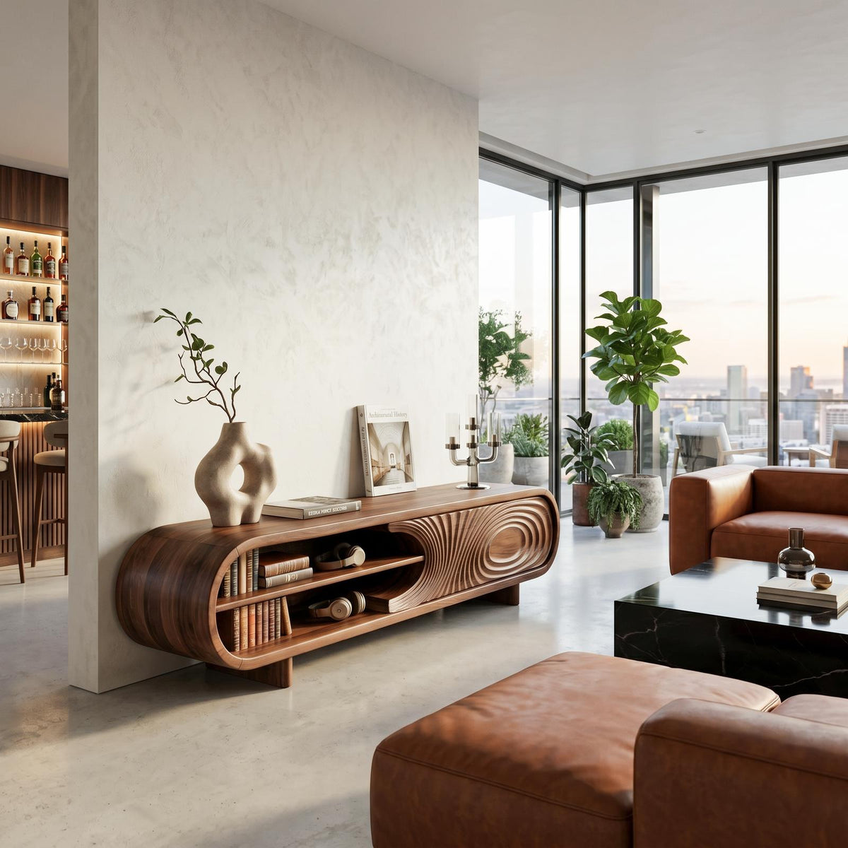 Modern Sculptural Wood TV Stand With Curved Grain Pattern For Living Room