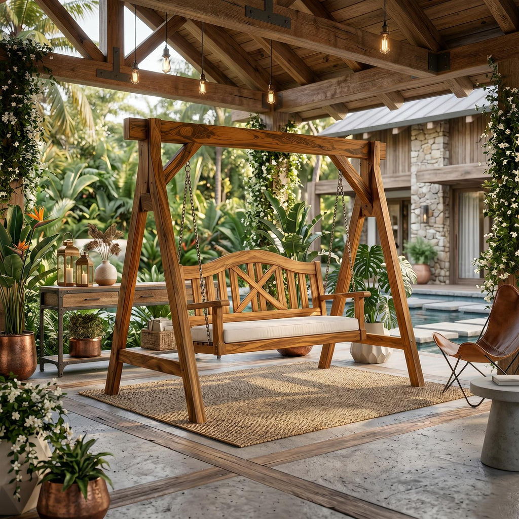 Mediterranean Wooden Swing Bench Villa Patio
