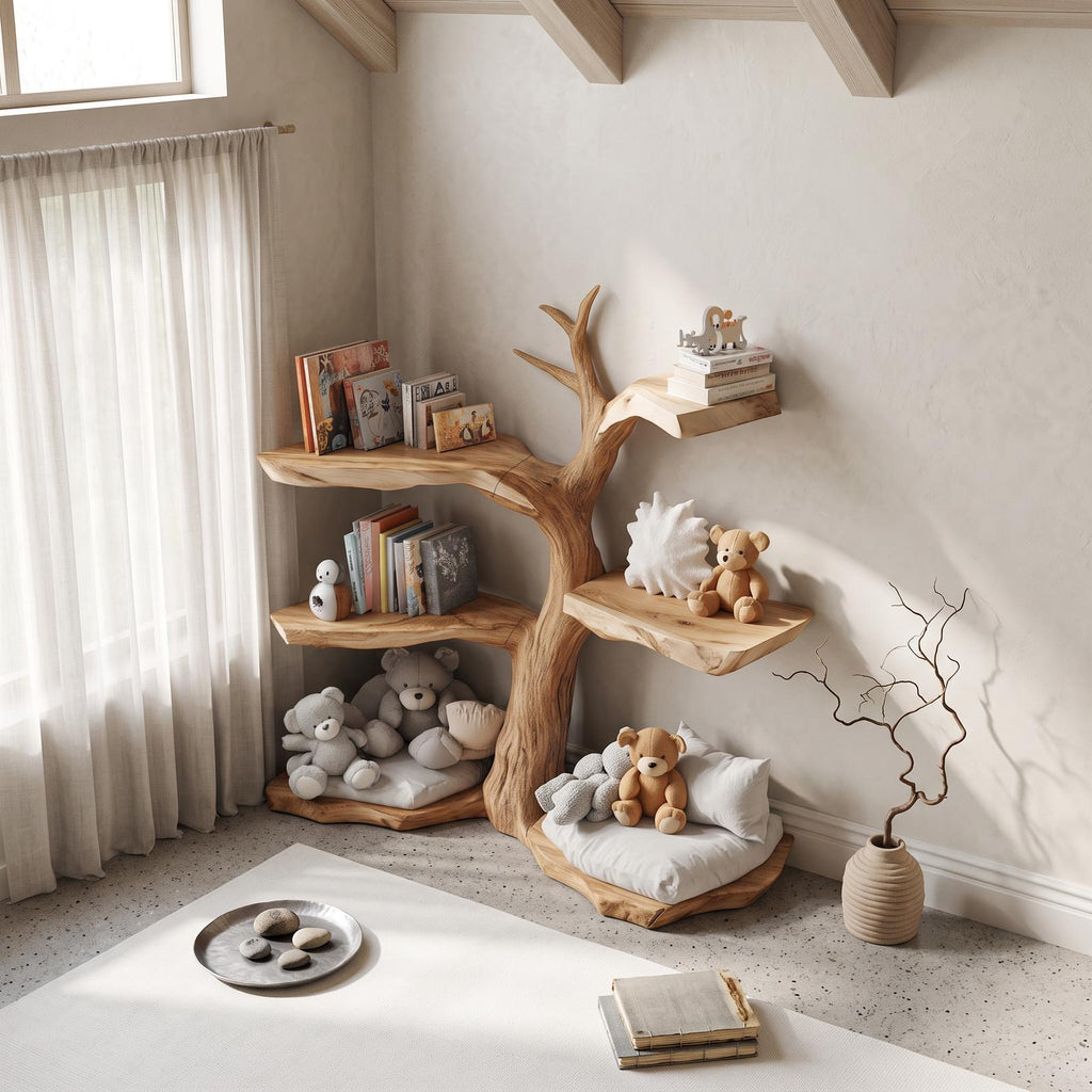 Rustic Corner Tree Bookshelf, Solid Wood Kids Bedroom Wall Hanging Bookcase & Toy Storage Organizer Shelf