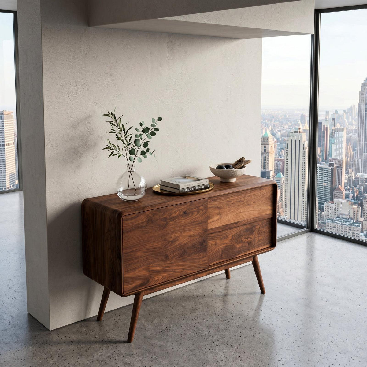 Mid Century Rounded Console Table With Compartments For Living