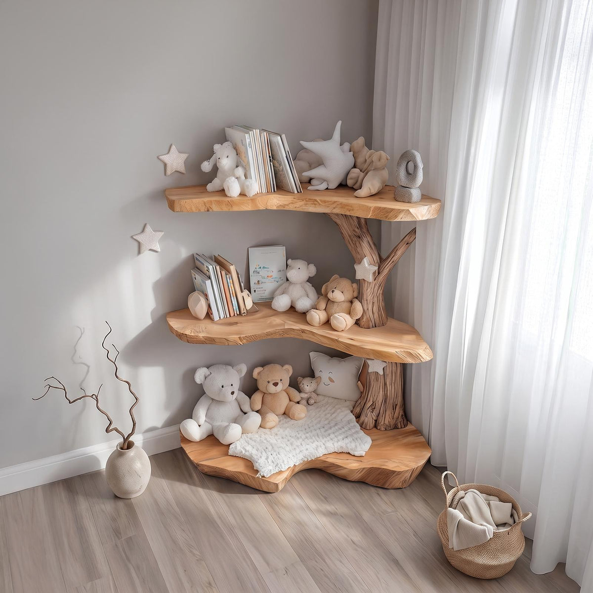 Spry Interior Rustic Corner Tree Bookshelf, Solid Wood Kids Bedroom Wall Mounted Bookcase & Floating Toy Storage Organizer Shelf - SINLSATB312