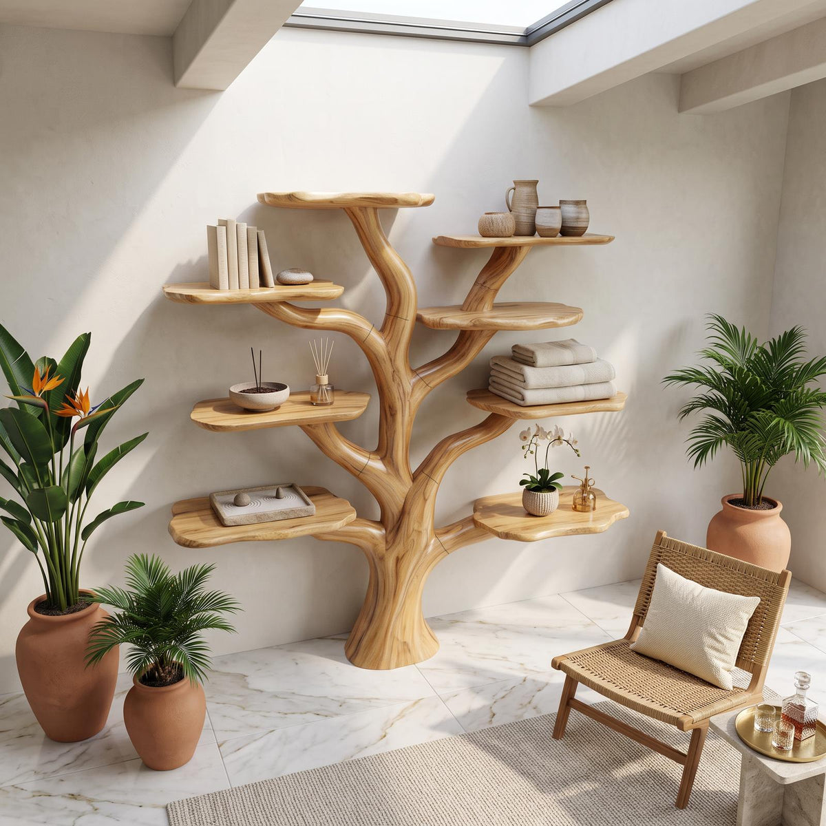Rustic Mushroom Branch Bookshelf, Solid Wood Wall Mounted Bookcase & Floating Display Shelf for Living Room or Dining Room