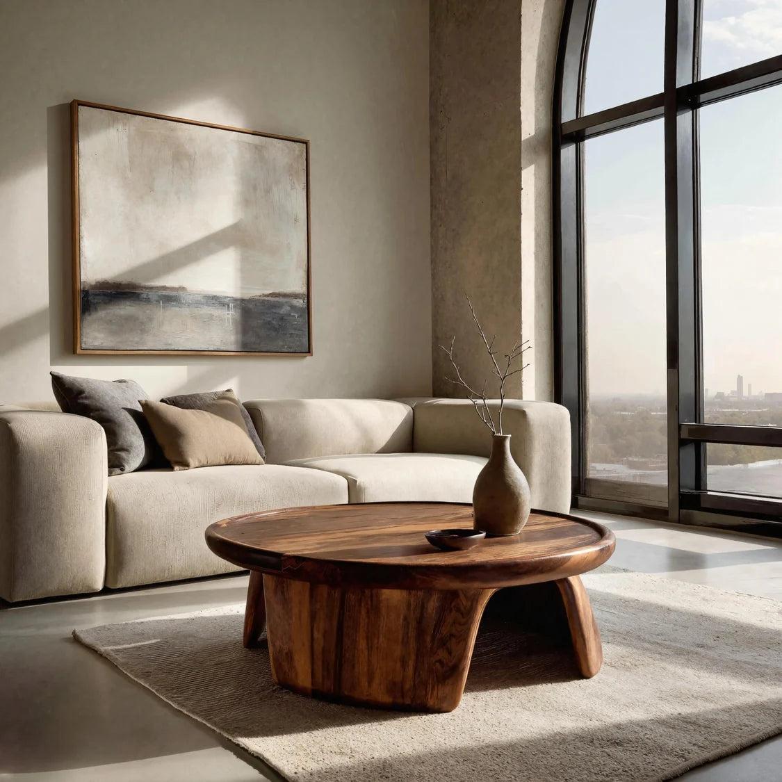 Modern Wooden Coffee Table with Triple Pedestal Base, Unique Round Wood Center Table for Living Room, Model
