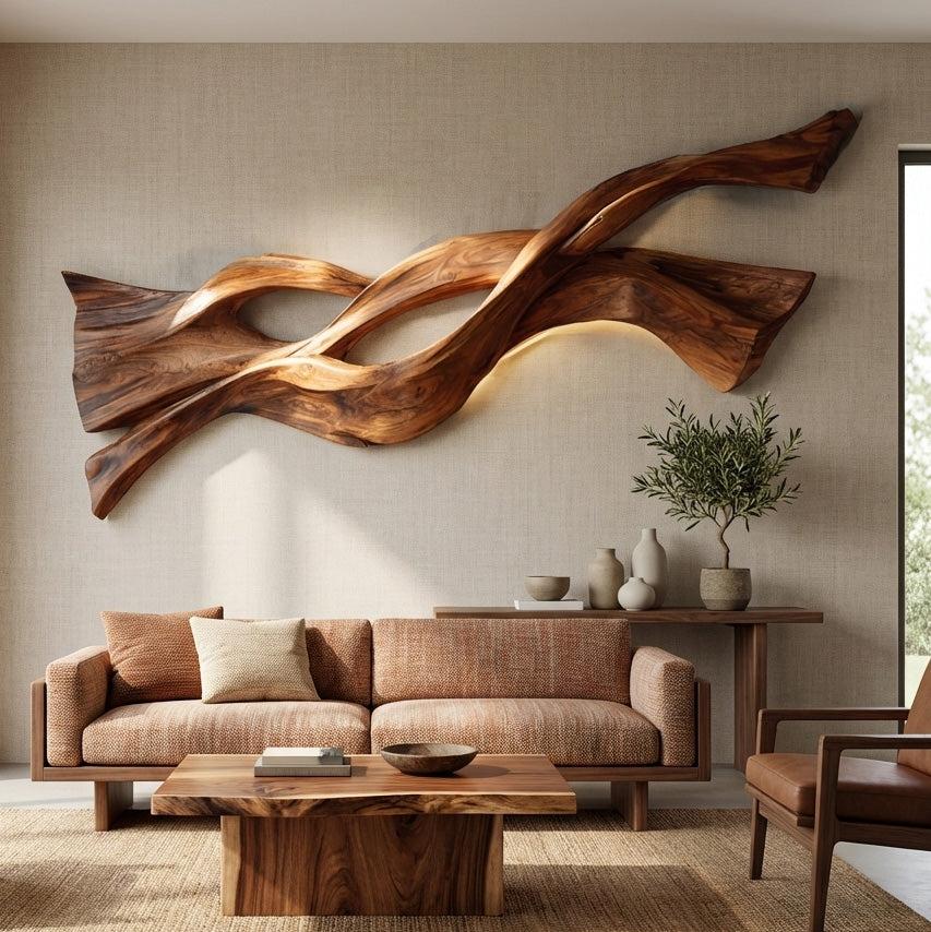 Contemporary Wood Wall Art, Flowing Abstract Wave Design 3D Carved Wood Sculpture for Living Room Decor