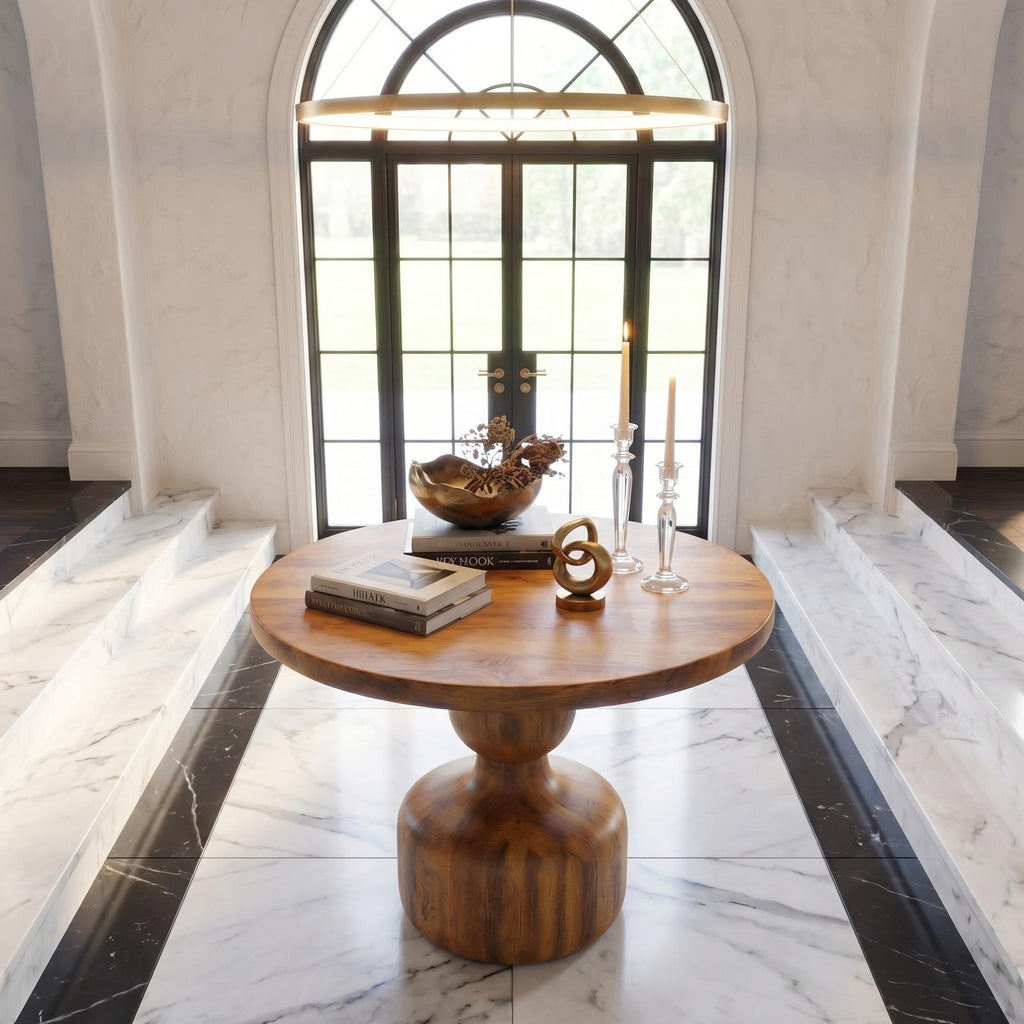 Rustic Center Hall Table, Solid Wood Round Pedestal Foyer Accent Table for Entryway, Hallway