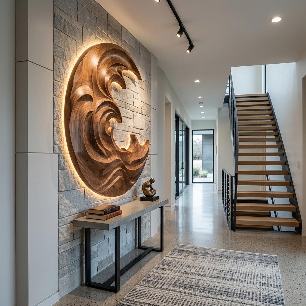 Organic Modern Wood Wave Wall Art, 3D Fluid Hand-Carved Coastal Wood Sculpture Panel for Living Room Decor