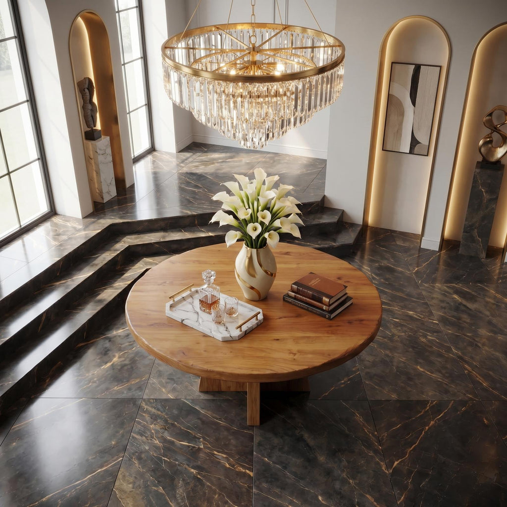 Modern Luxury Round Pedestal Table, Solid Wood Foyer Table, Architectural Entryway Accent Table for Lobby
