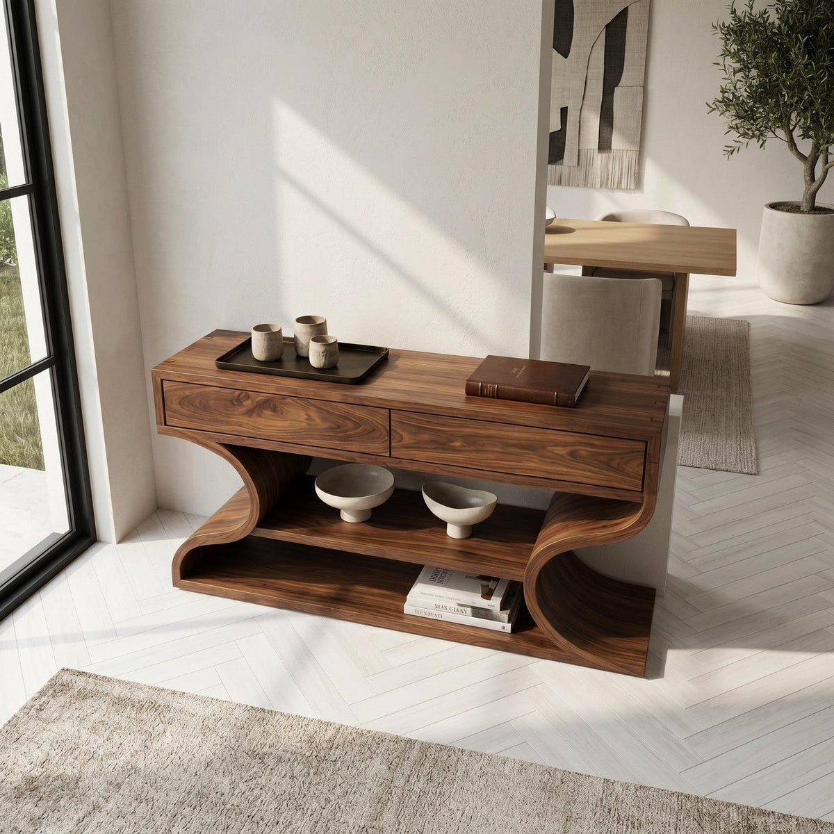 Organic Console Table With Two Curved Sides For Living Room