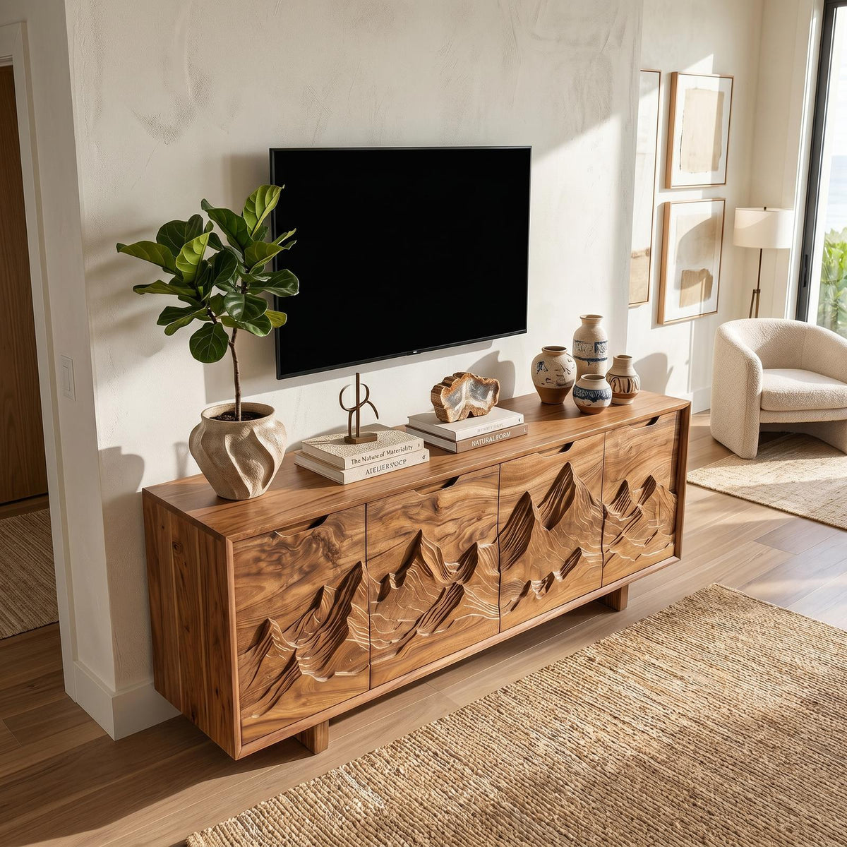 Mountain Carved Wood Media Console Table, Handcrafted Rustic 3D Forest TV Stand for Cabin Living Room Decor