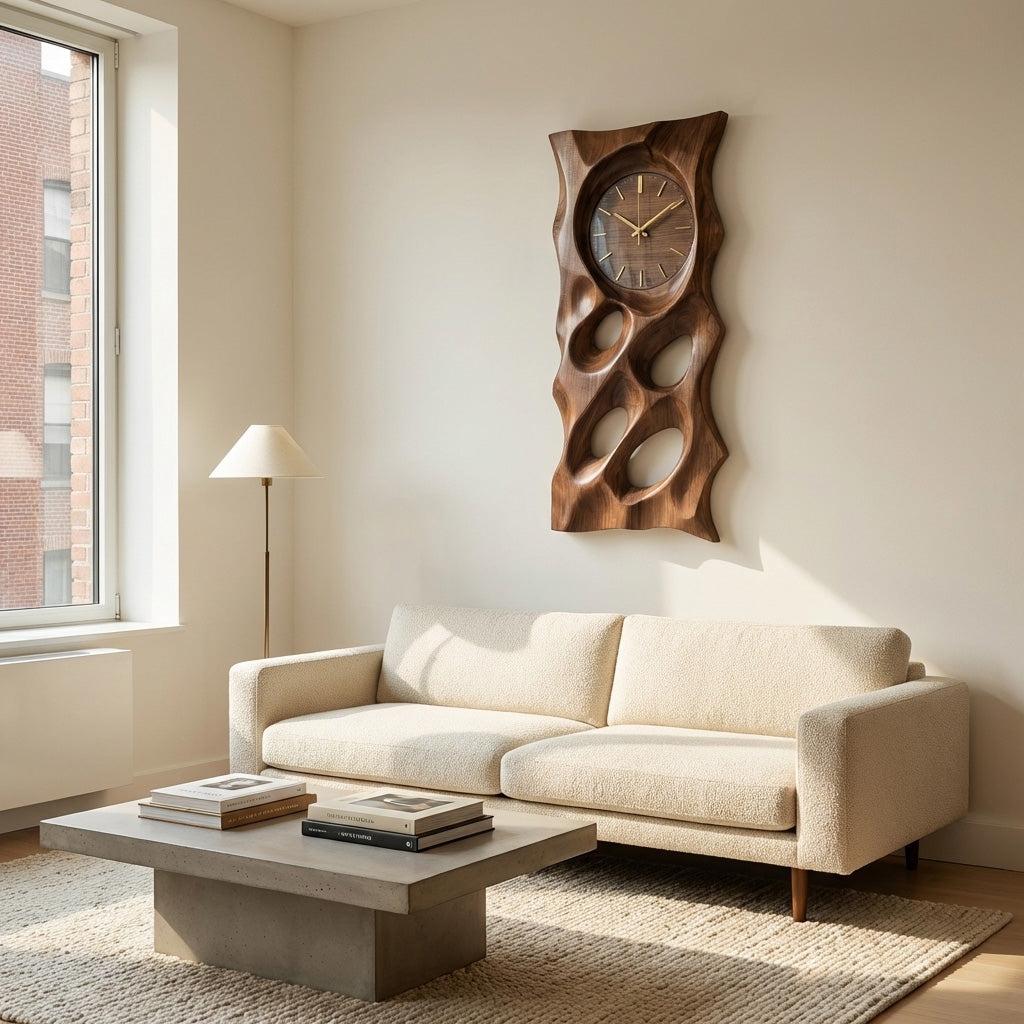Modern Organic Wooden Wall Clock, 3D Hand-Carved Hollow Wood Hanging Clock for Living Room & Home Office Decor
