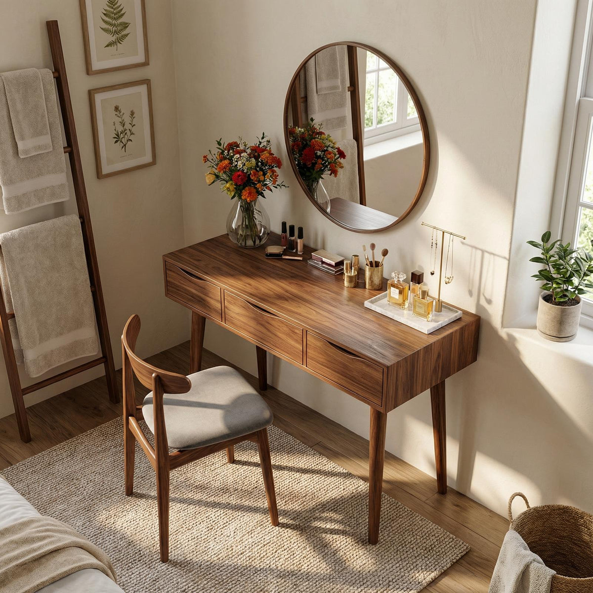 Spry Interior Boho Solid Wood Vanity Table, Handcrafted Compact Makeup Dressing Desk & Writing Console for Small Apartment Bedroom, SILDTTRMV025