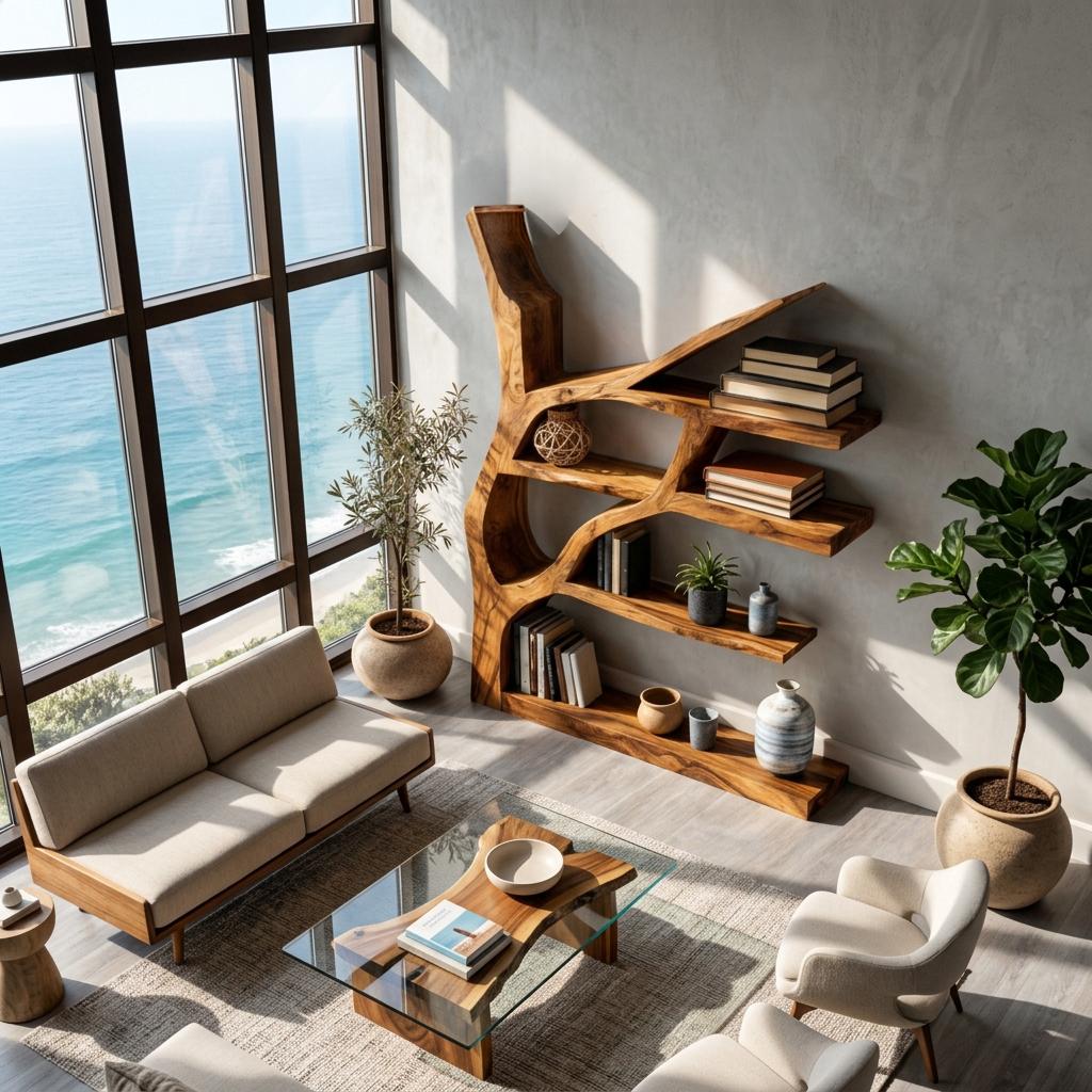Contemporary Wooden Bookshelf with Sculptural Shape, Handcrafted Solid Wood Bookcase for Living Room & Library