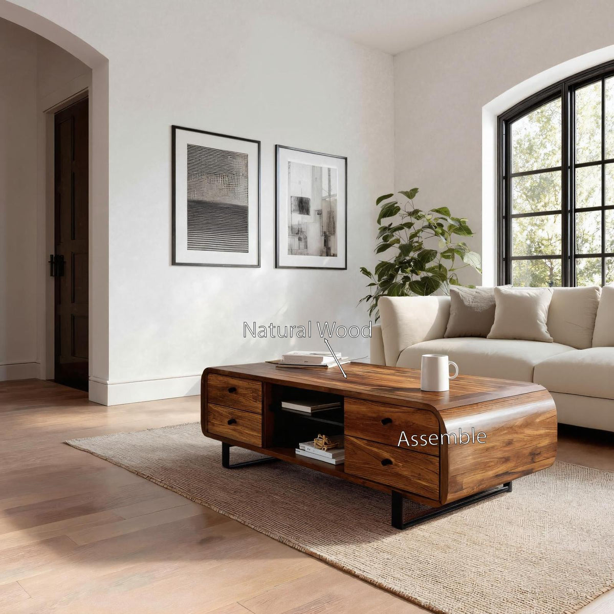 Contemporary Wooden Coffee Table with Drawer & Open Shelf, Handcrafted Living Room Storage Center Table, Model