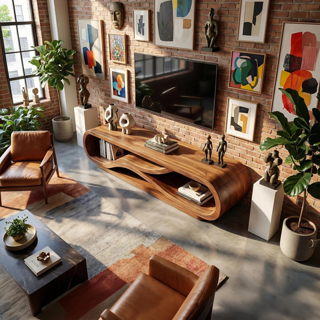 Modern Curved Wood TV Cabinet, Stylish Media Console Shelf & Entertainment Center for Living Room