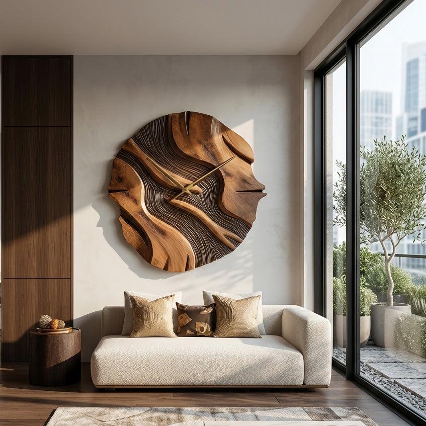 Organic Sculptural Wooden Wall Clock, Modern Abstract Hand-Carved Wood Clock for Living Room Wall Decor