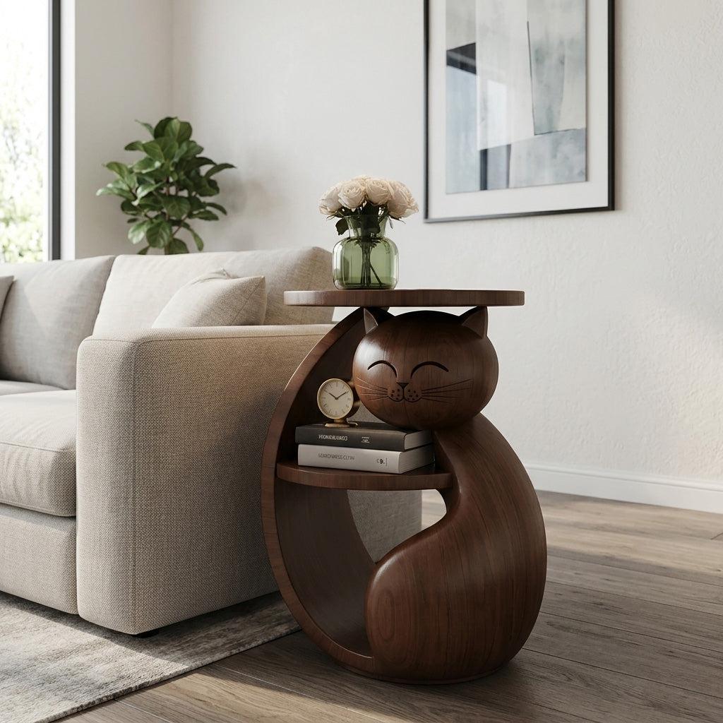 Whimsical Cat Shaped Wooden Side Table With Shelf For Bedroom Or Kids Room