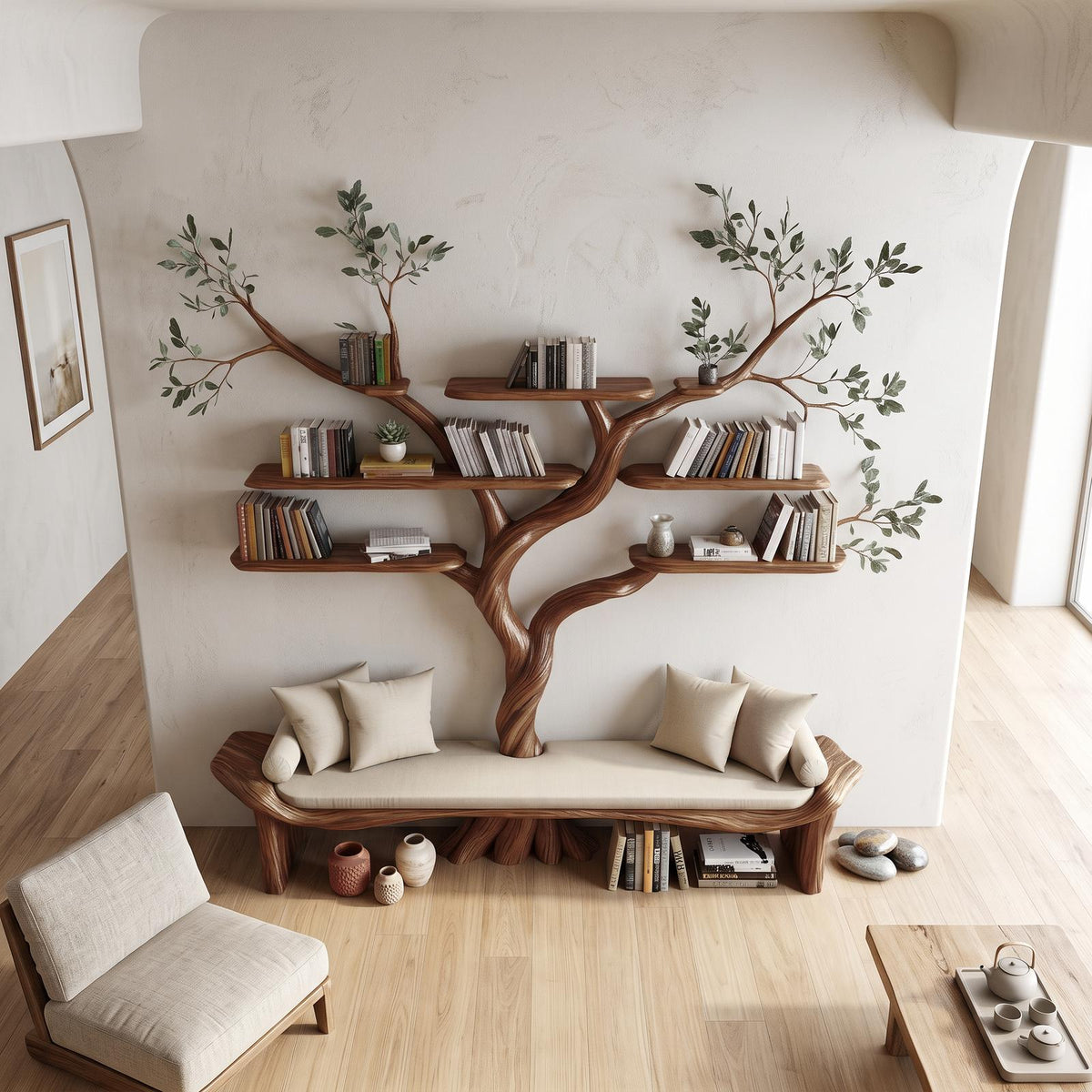 Rustic Sculptural Tree Bookshelf Bench Living Room Interior Statement Furniture