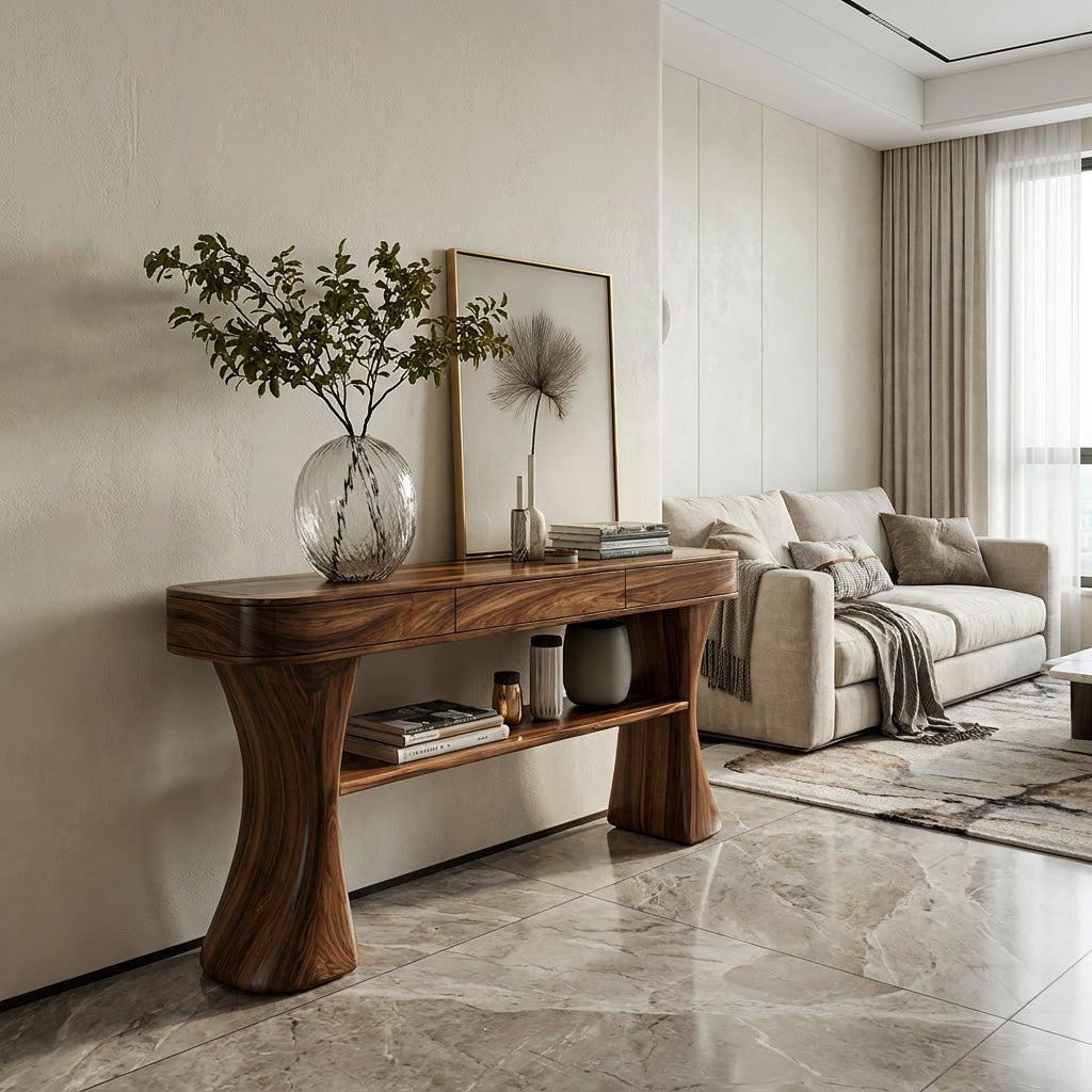 Scandinavian Sculptural Wood Console Table For Entryway