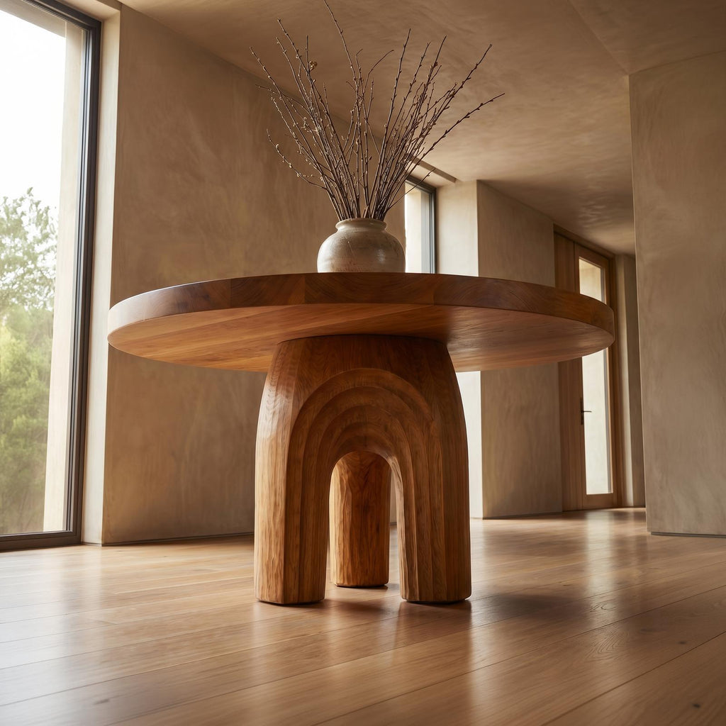 Modern Luxury Sculptural Round Foyer Table, Solid Wood Art Deco Pedestal Entry Table for Lobby, Hallway