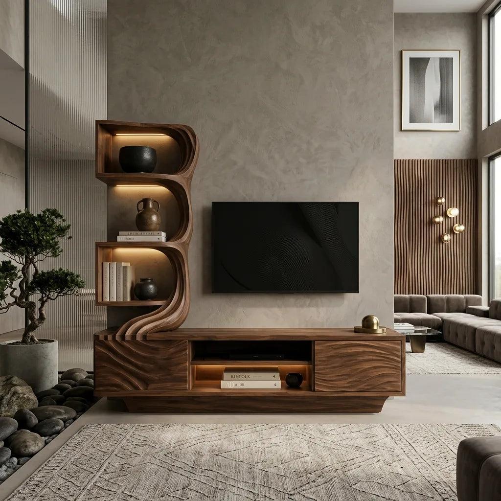 Modern Wave Carved TV Stand With Shelving For Living Room