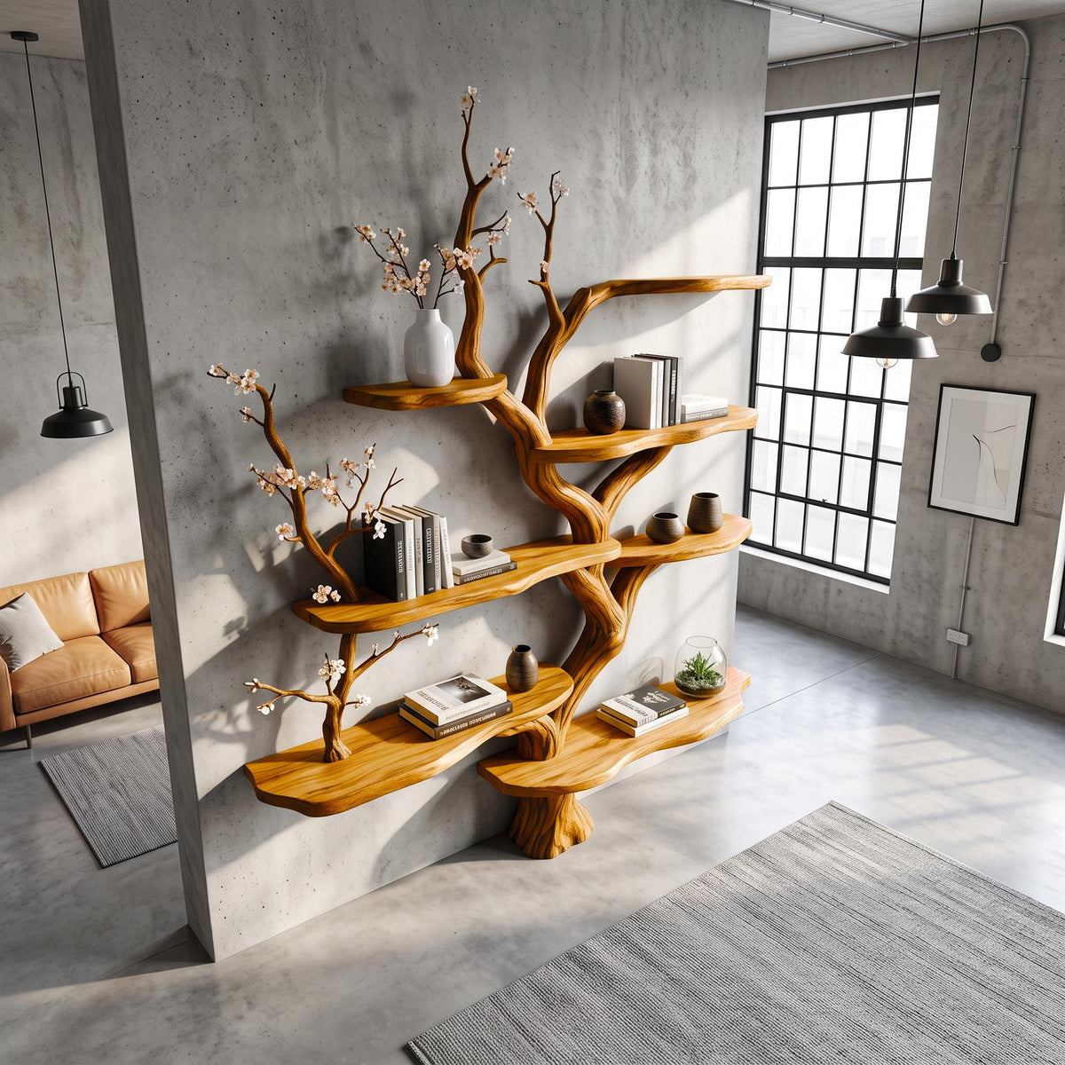 Sculptural Branch Bookcase, Solid Wood Tree Display Shelf for Living Room Interior Alcove Wall Decor