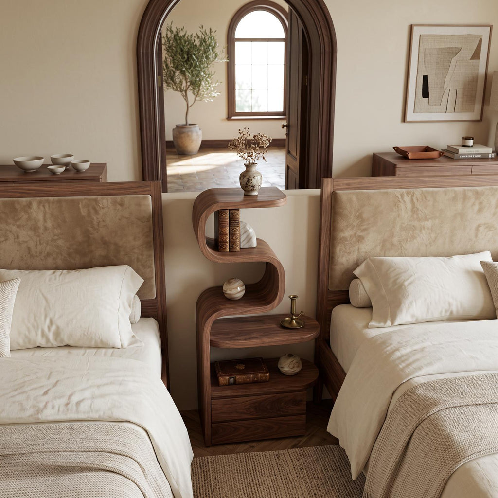 Sculpted Solid Wood Nightstand, Modern Bedside Table with Storage Shelves & Drawers for Bedroom
