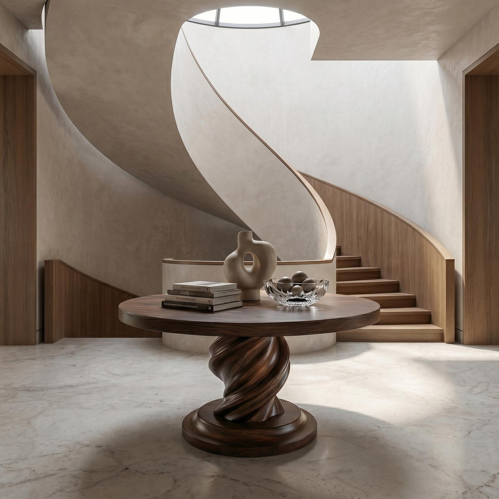 Modern Luxury Spiral Round Foyer Table, Solid Wood Twisted Pedestal Entryway Accent Table for Lobby