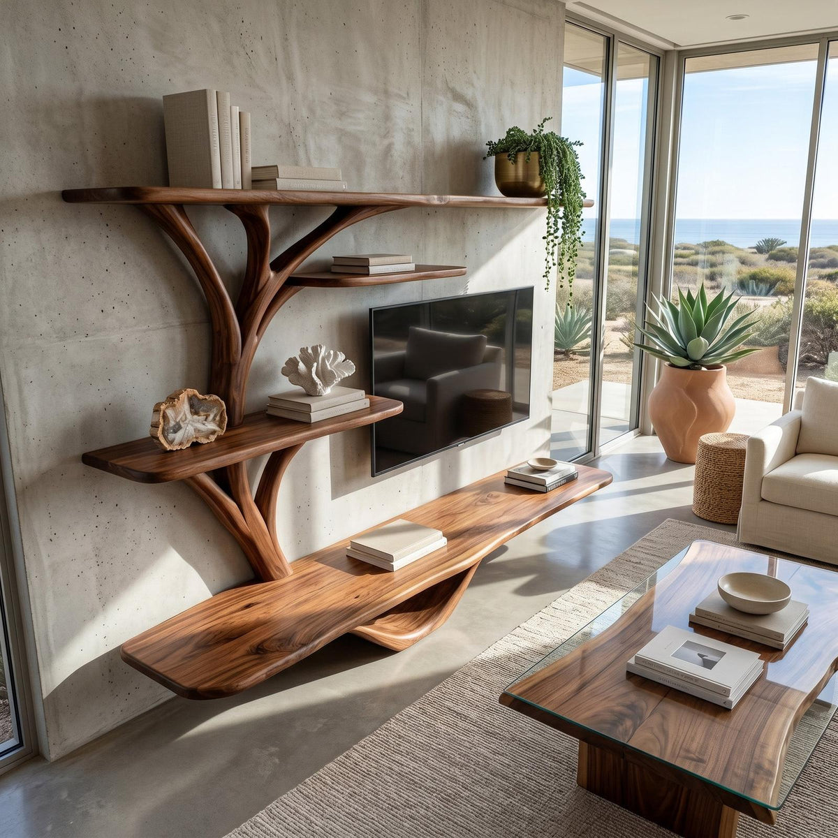 Organic TV Stand With Sculptural Branch Shelves For Living Room