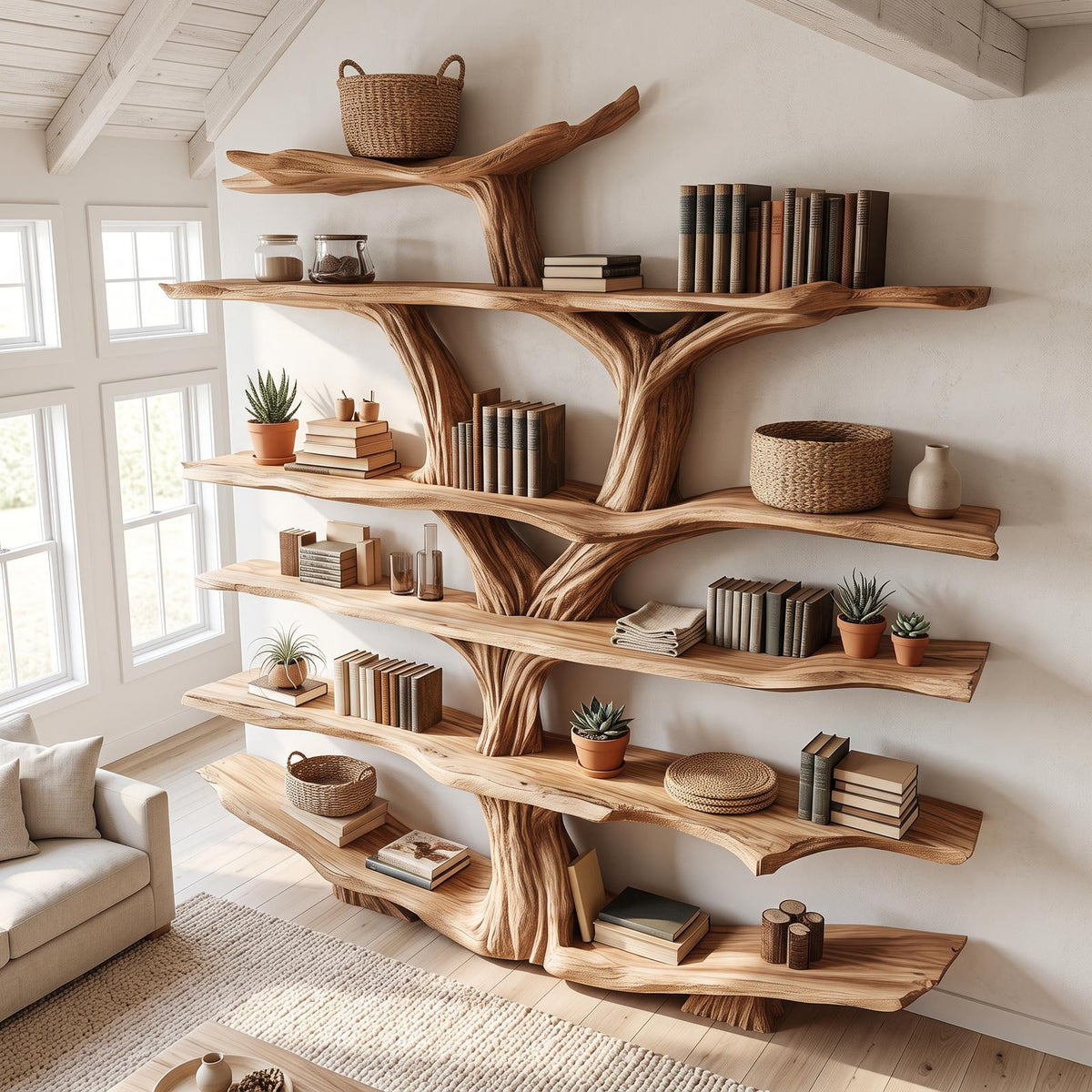 Rustic Wooden Tree Shelf – Perfect Book Storage & Nature-Inspired Decor