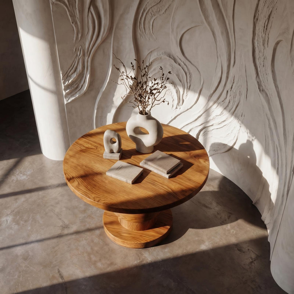 Modern Luxury Architectural Round Foyer Table, Solid Wood Sculptural Pedestal Entry Table for Lobby