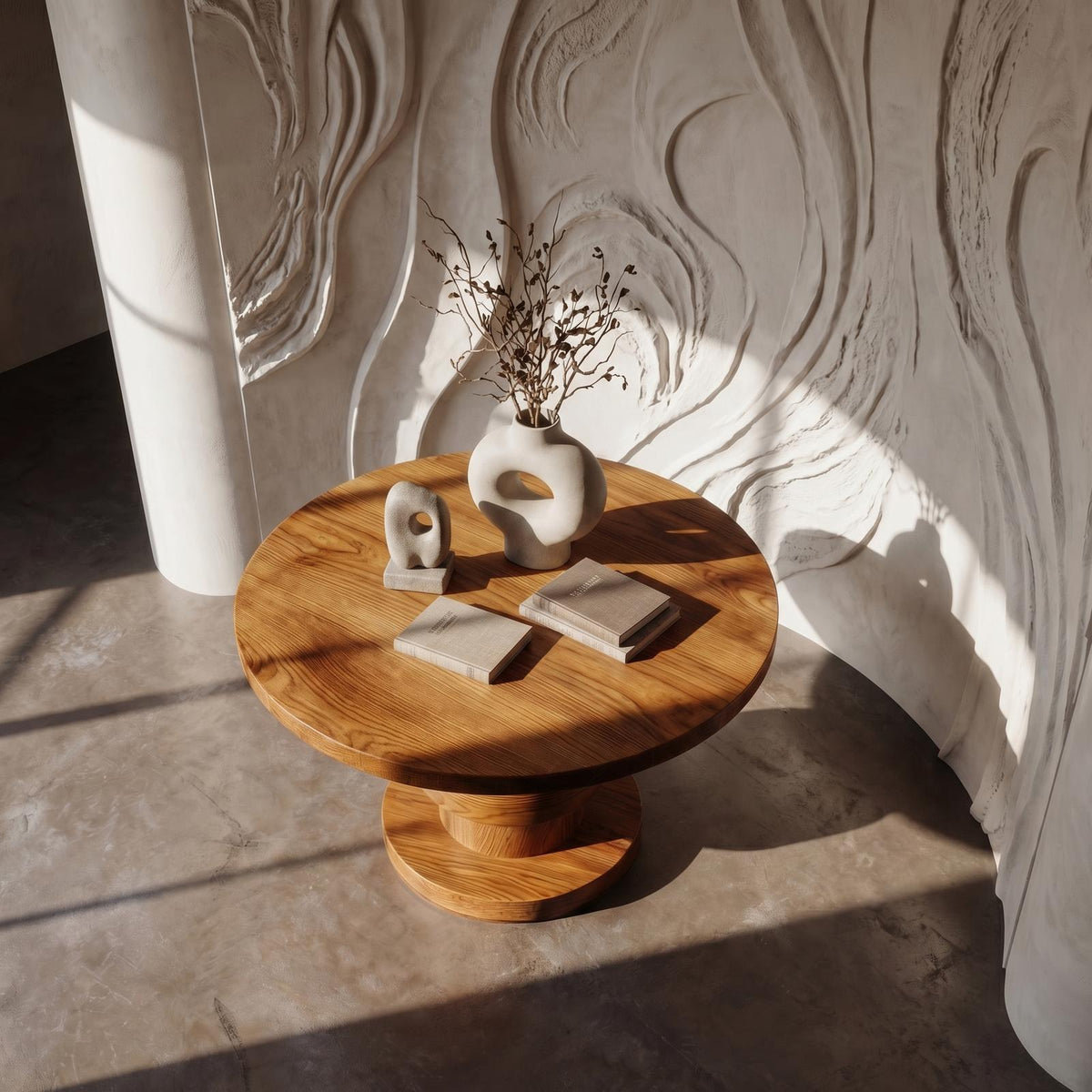 Modern Luxury Architectural Round Foyer Table, Solid Wood Sculptural Pedestal Entry Table for Lobby