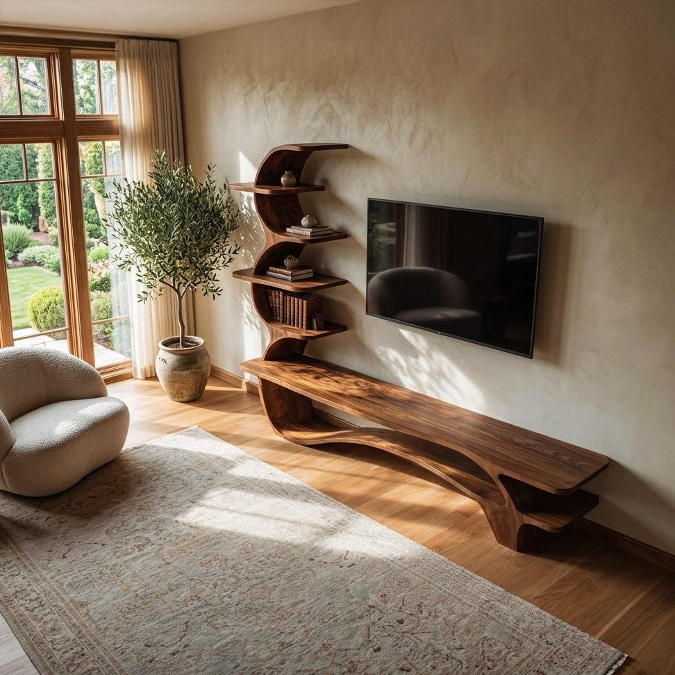 Organic Wood TV Stand With Side Curved Shelf For Living
