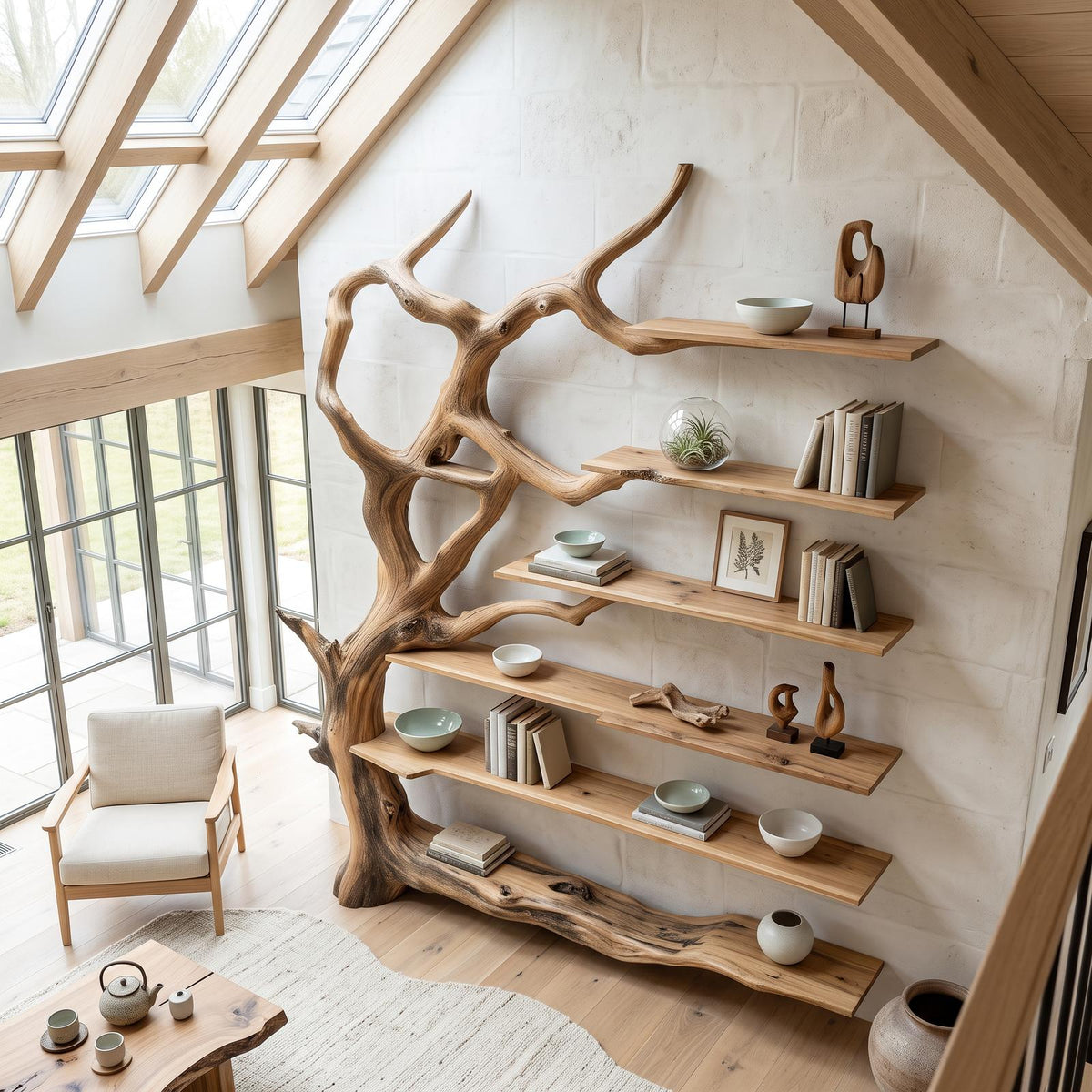Wall Mounted Rustic Tree Bookcase Floating Shelf For Living Room Decor & Gift