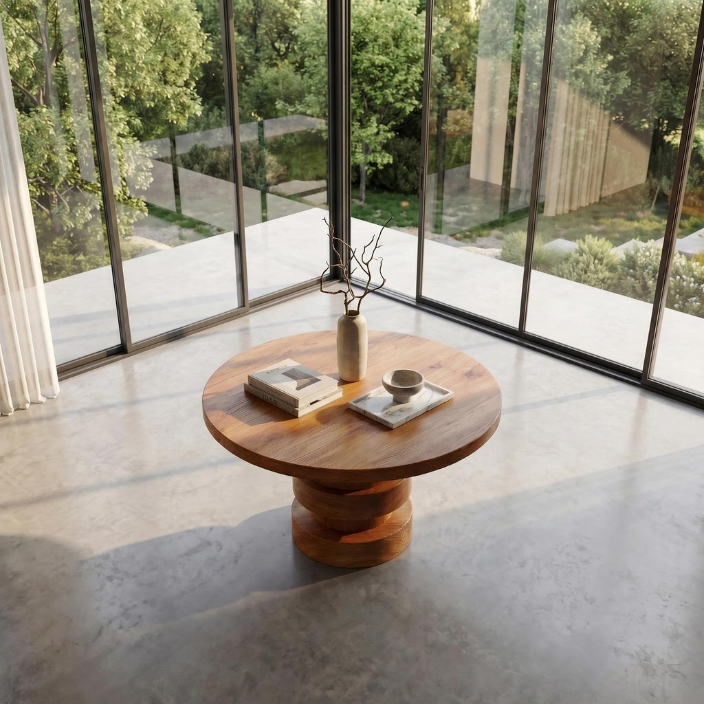 Modern Luxury Stacked Base Round Entryway Table, Solid Wood Architectural Foyer Pedestal Accent Table