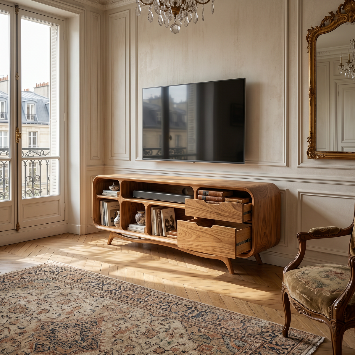 Organic Modern TV Stand, Solid Wood Minimalist Media Console & Entertainment Center Credenza