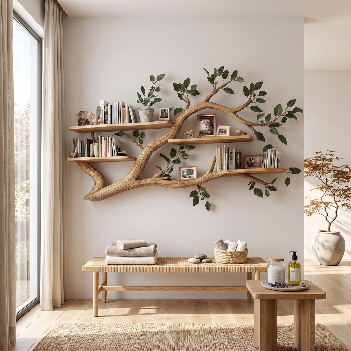 Rustic Wall Mounted Branch Bookshelf, Solid Wood Hanging Floating Bookcase & Decorative Display for Living Room Storage