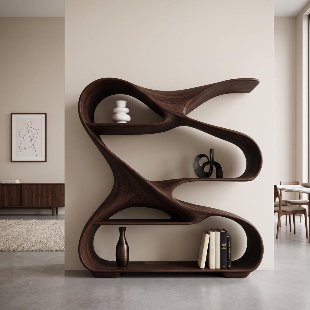 Modern Sculptural Wooden Bookshelf For Living Room Or Office Display